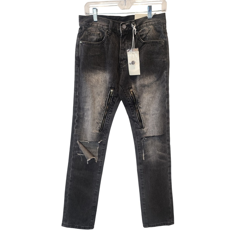 MNML D530 Zipper Straight Leg Jeans Washed Black Size 28 Distressed Denim‎